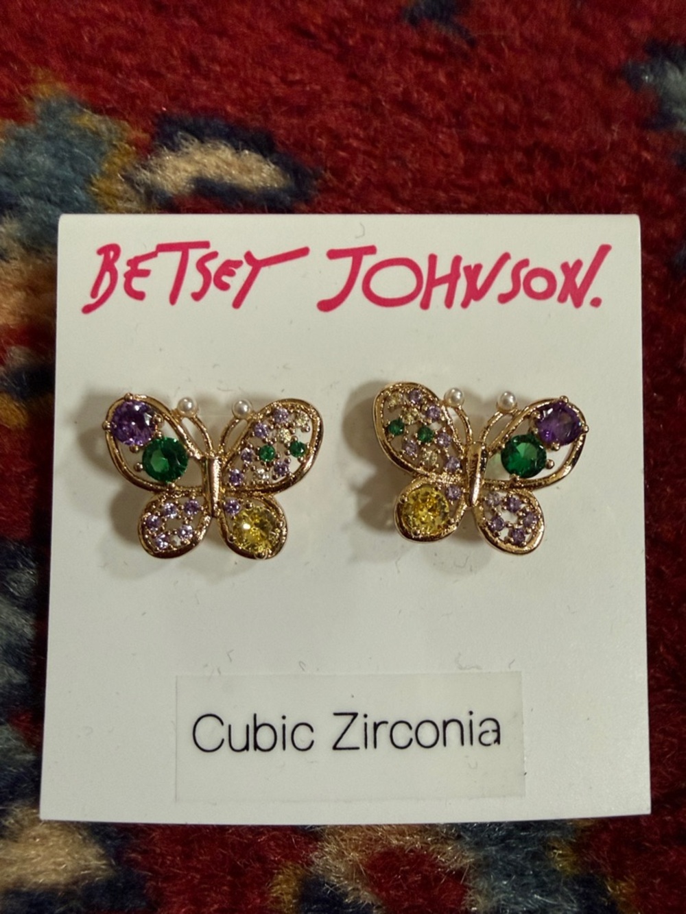 Betsey Johnson NWT Butterfly Earrings with Purple, Green & Yellow Stones
